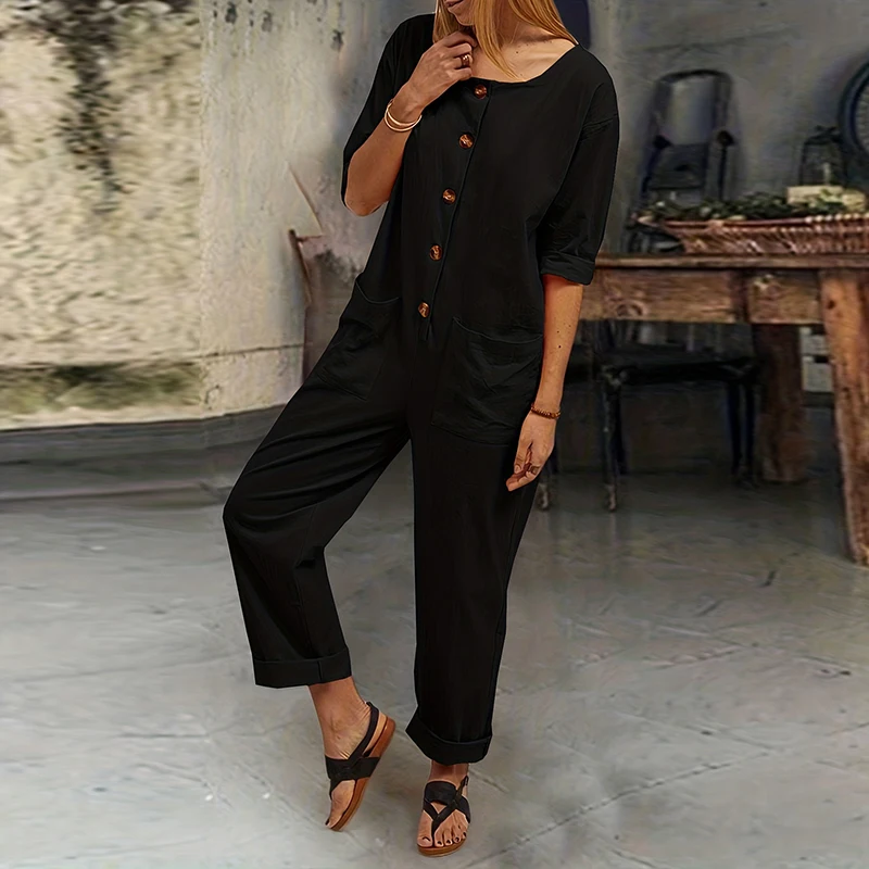 Female Button Street Harlan Pants Romper New Simple Casual Solid Color Long Jumpsuit One Piece O Neck Half Sleeve Pockets Romper
Female Button Street Harlan Pants Romper New Simple Casual Solid Color Long Jumpsuit One Piece O Neck Half Sleeve Pockets Romper
