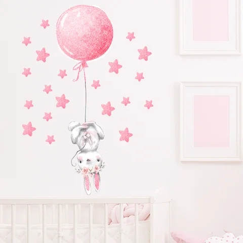 

Rose Gold Pink Girl Bunny with Hot Air balloon Wall Stickers for Kids Room Baby Nursery Room Decorative Stickers for Girl Decals