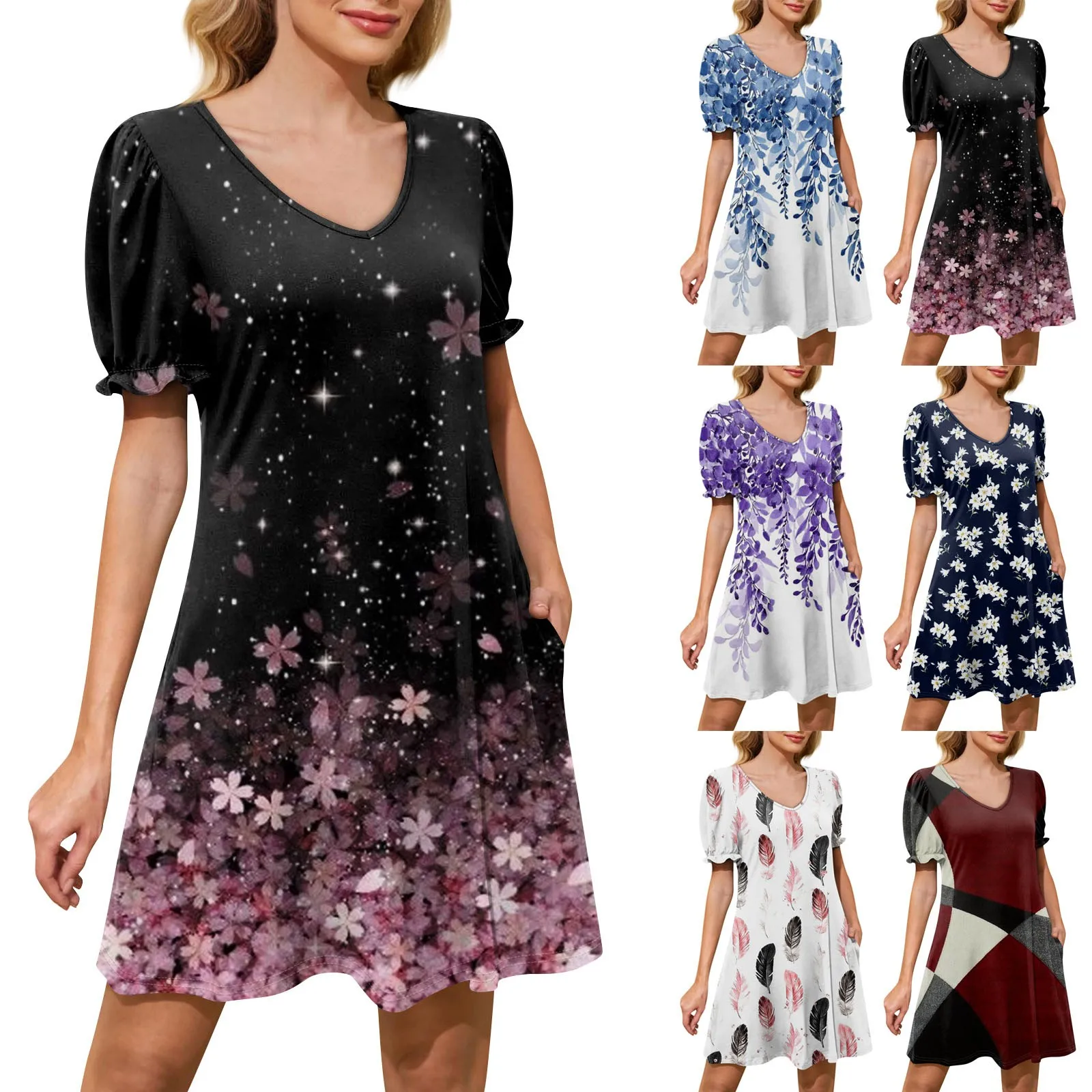 

Women's Casual Dresses Puff Short Sleeved V Neck Cocktail Dress With Pockets Summer Slim-Type Youthful Dresses vestidos longos