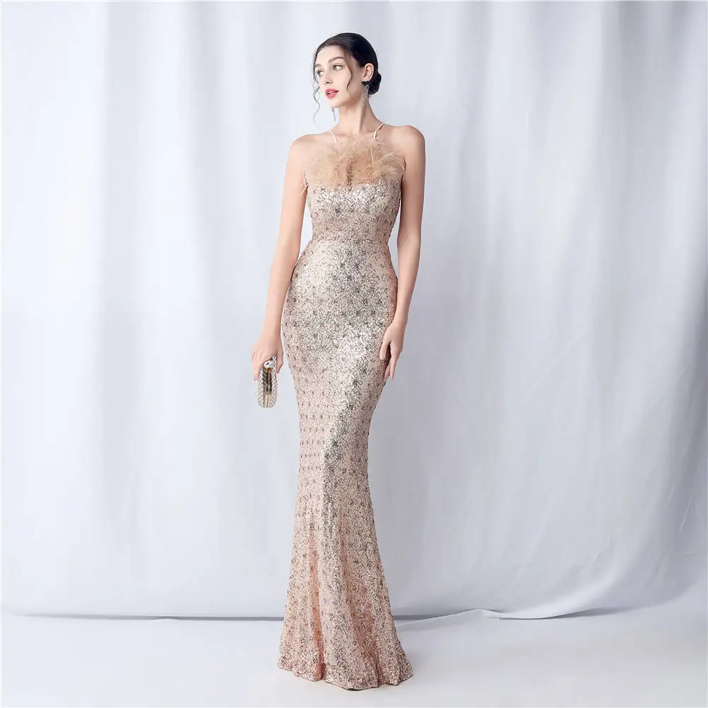 

Luxury Women Golden Prom Gowns Sexy Halter Feather Sequined Mermaid Celebrity Formal Dress Ladies Elegant Party Evening Dresses