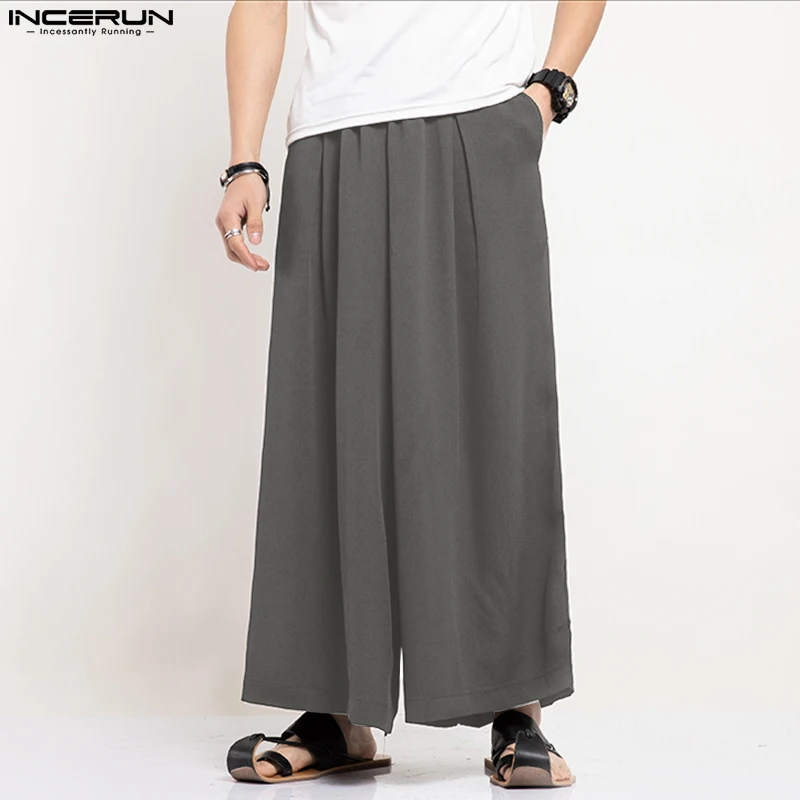 

INCERUN 2023 мужские брюки однотонные с эластичной талией широкие брюки мужские Плиссированные уличные штаны в японском стиле винтажные брюки