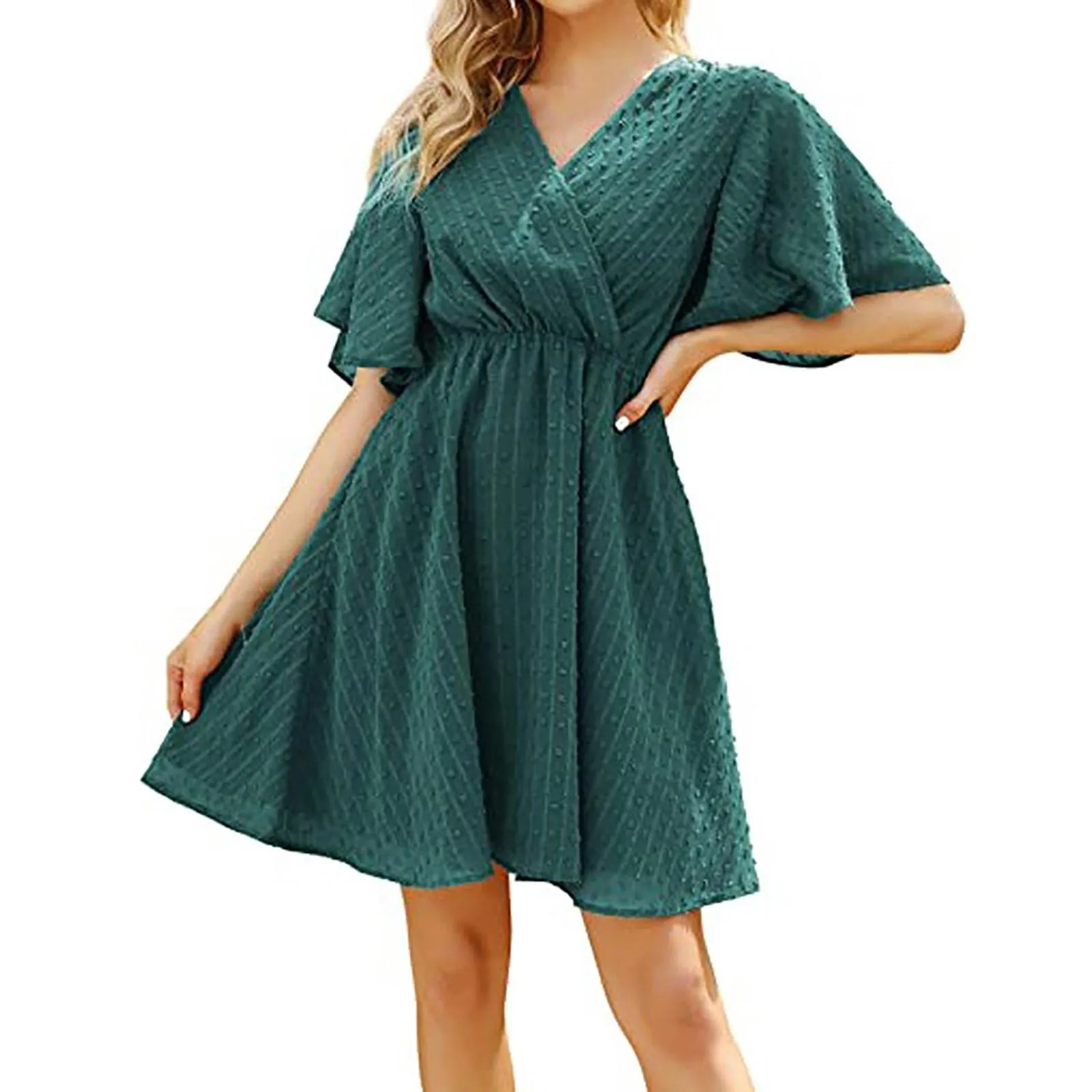 Женское шифоновое мини-платье с оборками, однотонное пляжное свободное платье с коротким рукавом и V-образным вырезом, лето 2023