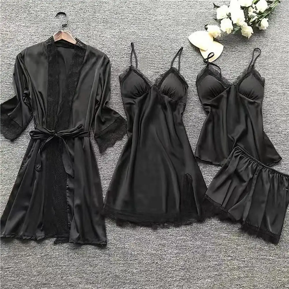 

V-neck Nightgown Set Elegant Silky Lace Pajamas Set with Pleated Cardigan Coat Matching Shorts Women's Homewear Clothes