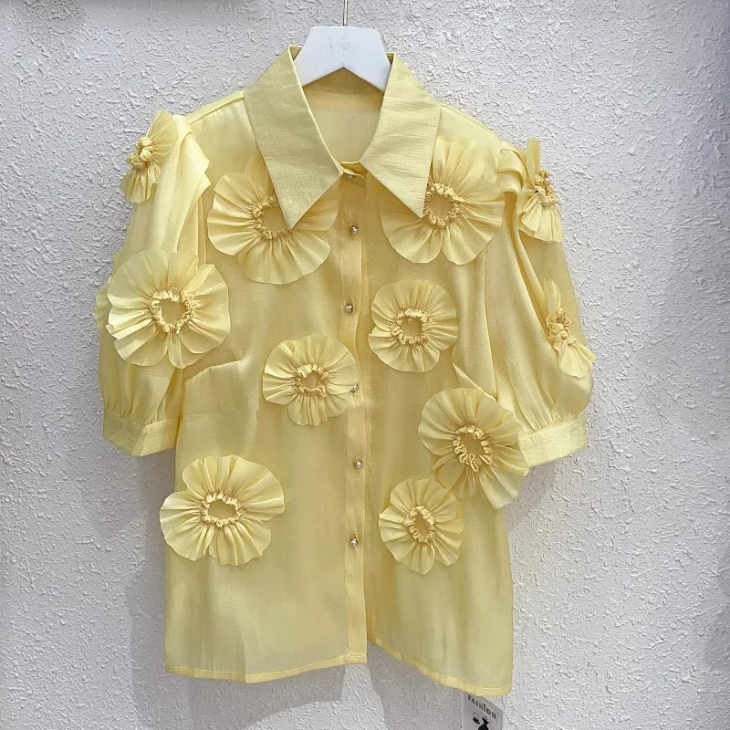 

Turn Down Collar Pleated Puff Sleeve Blouses Single-breasted Stereo Flower Slightly Transparent Shirt Sweet Summer Women Blusas