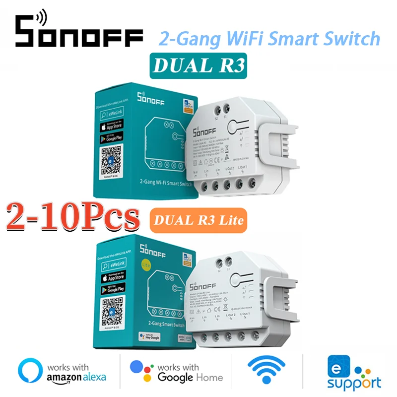 

2-10Pcs SONOFF DualR3/R3 Lite WiFi Switch Dual Relay Module DIY Switch Remote Two Way Control Work Via Alexa EWelink Google Home