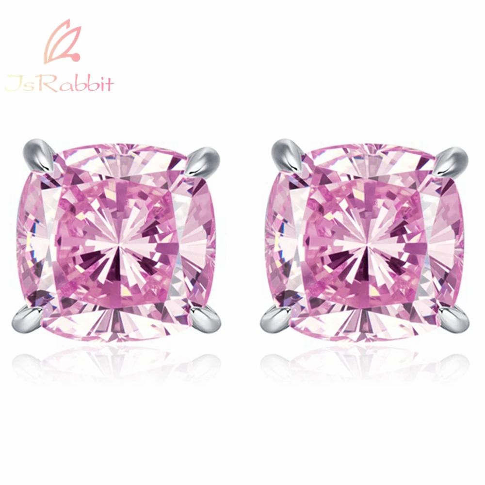 

IsRabbit 18K Gold Plated Cushion Cut 10MM Fancy Vivid Intense Pink Sapphire Stud Earrings 925 Sterling Silver Engagement Jewelry