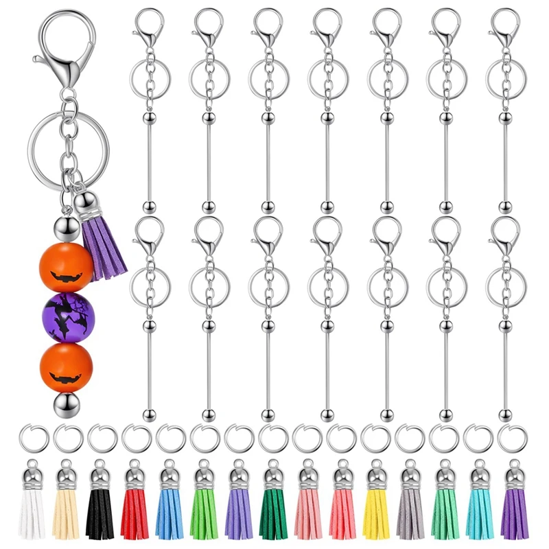 

15 Pcs Beadable Keychain Bar Bulk Metal Blank Keychain With 15 Pcs Leather Tassel For DIY Bead Keychain Supplies