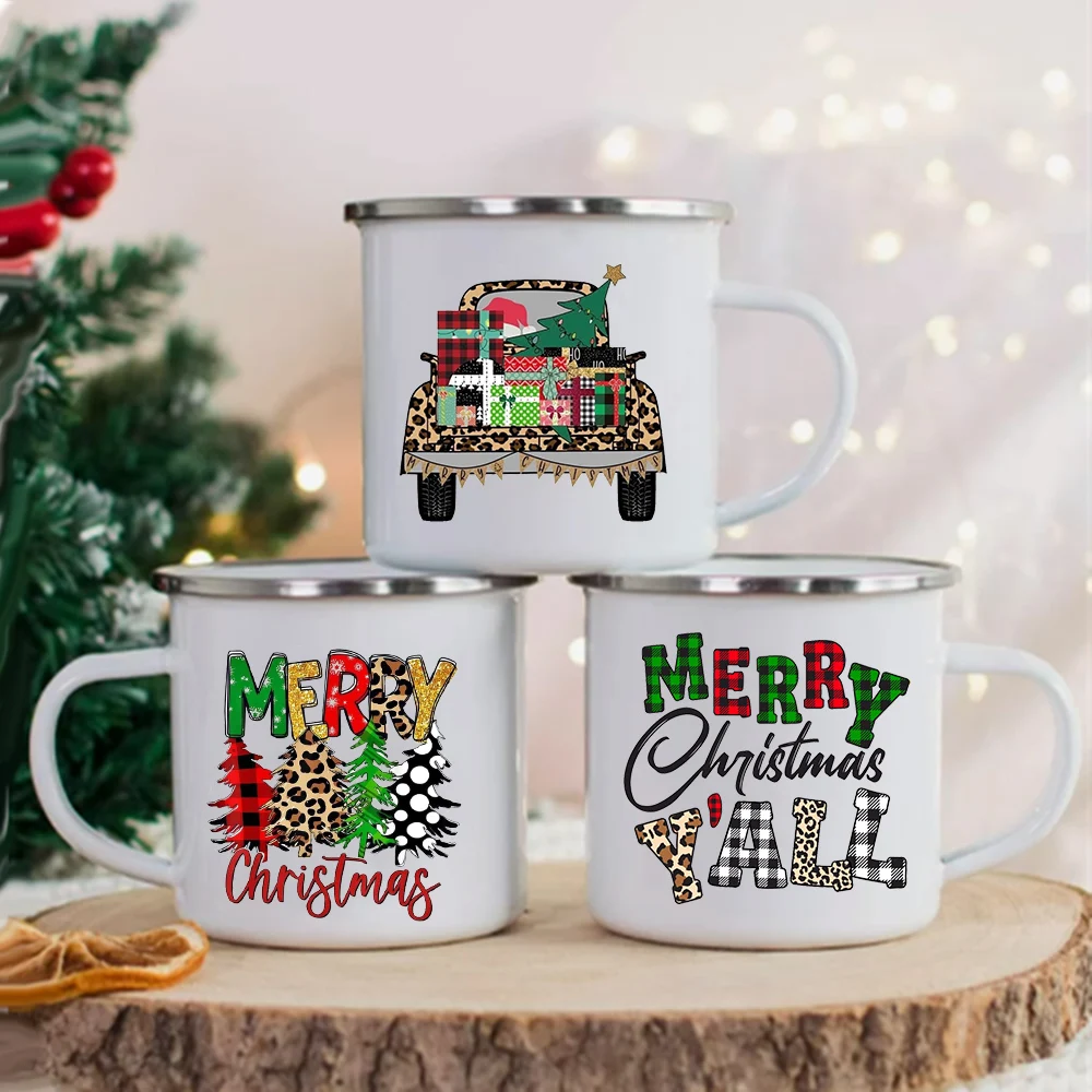 

Truck Tree Printed Creative Coffee Mugs Merry Christmas Party Cups Drink Wine Beer Juice Milk Cups Handle Enamel Mugs Xmas Gifts