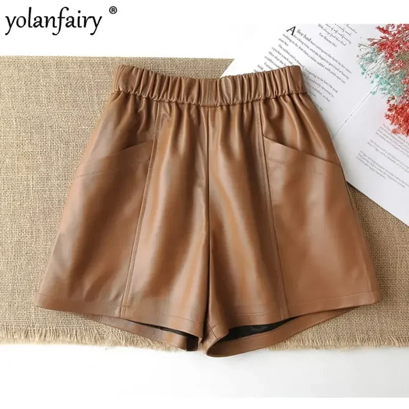

Shorts Womens Clothing Genuine Leather Sheepskin Shorts Women's Shorts Spring High Waisted Elastic Wide Legs A-line Slim Outwear