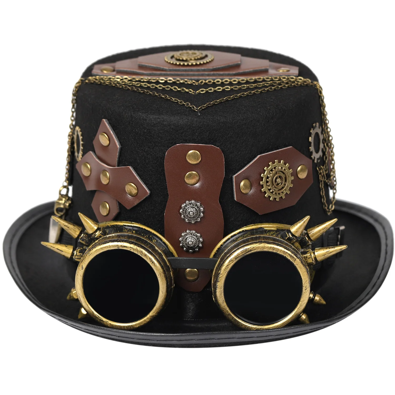 

Hotselling Black Rivet Steampunk Belt Decorated Flat Fedora Hat Cosplay Party Performance Glasses Gear Chain Fedoras Top Hats