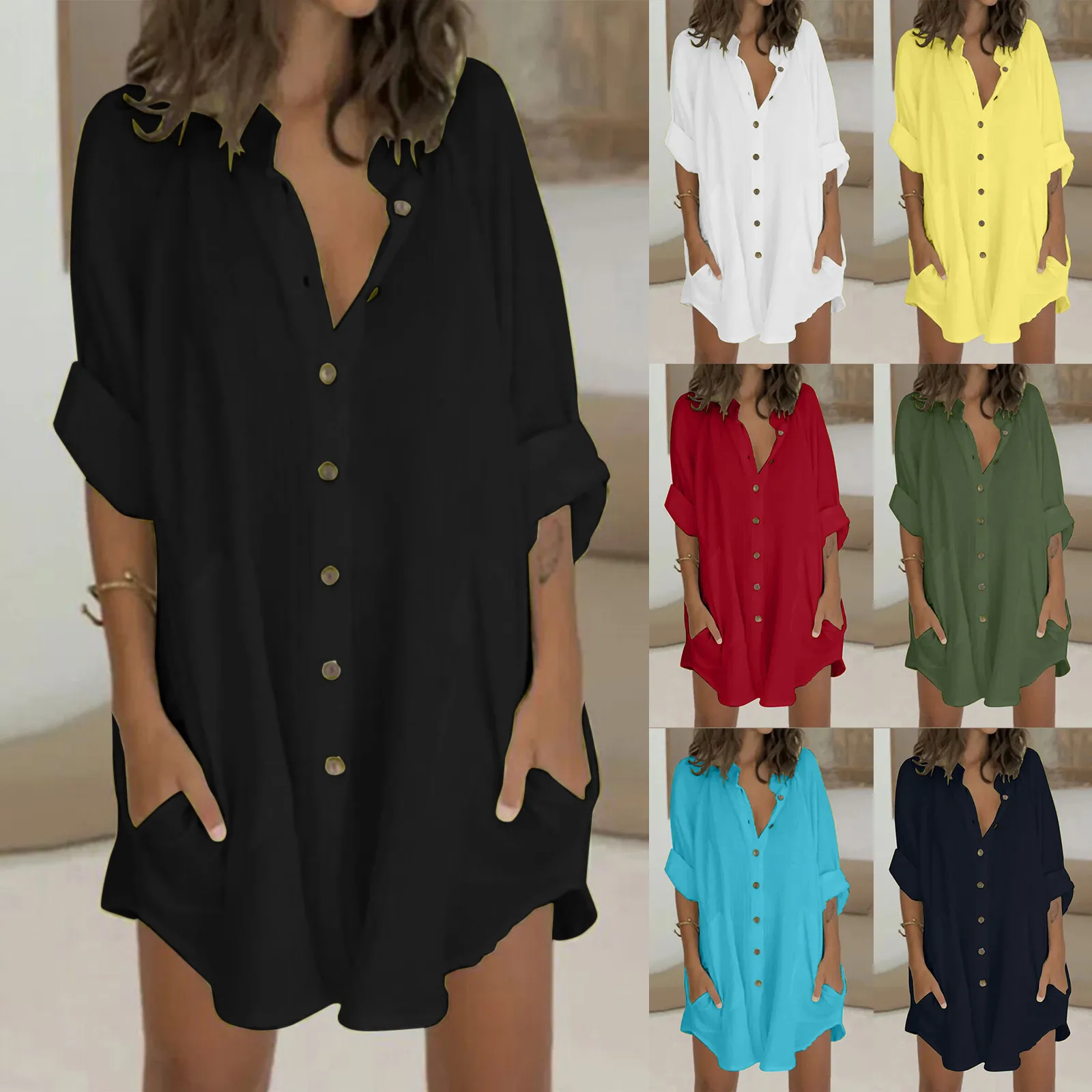 

2024 Irregular Stand Collar Loose Dresses Single Breasted Raglan Sleeve Dresses With Pocket Women Summer Tunic Short Shirt Dress