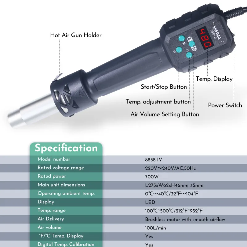

New Portable Hot Air Gun 700W Micro Soldering Station LED Digital Hair dryer for BGA Welding Repair Tools 8858-IV Heat Gun