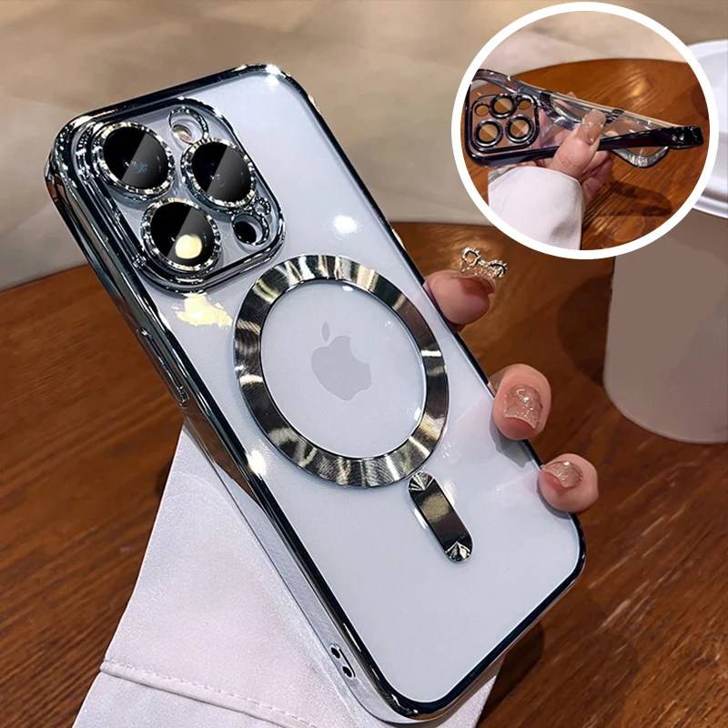 

Luxury New Clear Lens Film Magnetic Case For IPhone 15 14 13 12 11 Pro Max 14 Plus Plating Wireless Charging Shockproof Cover