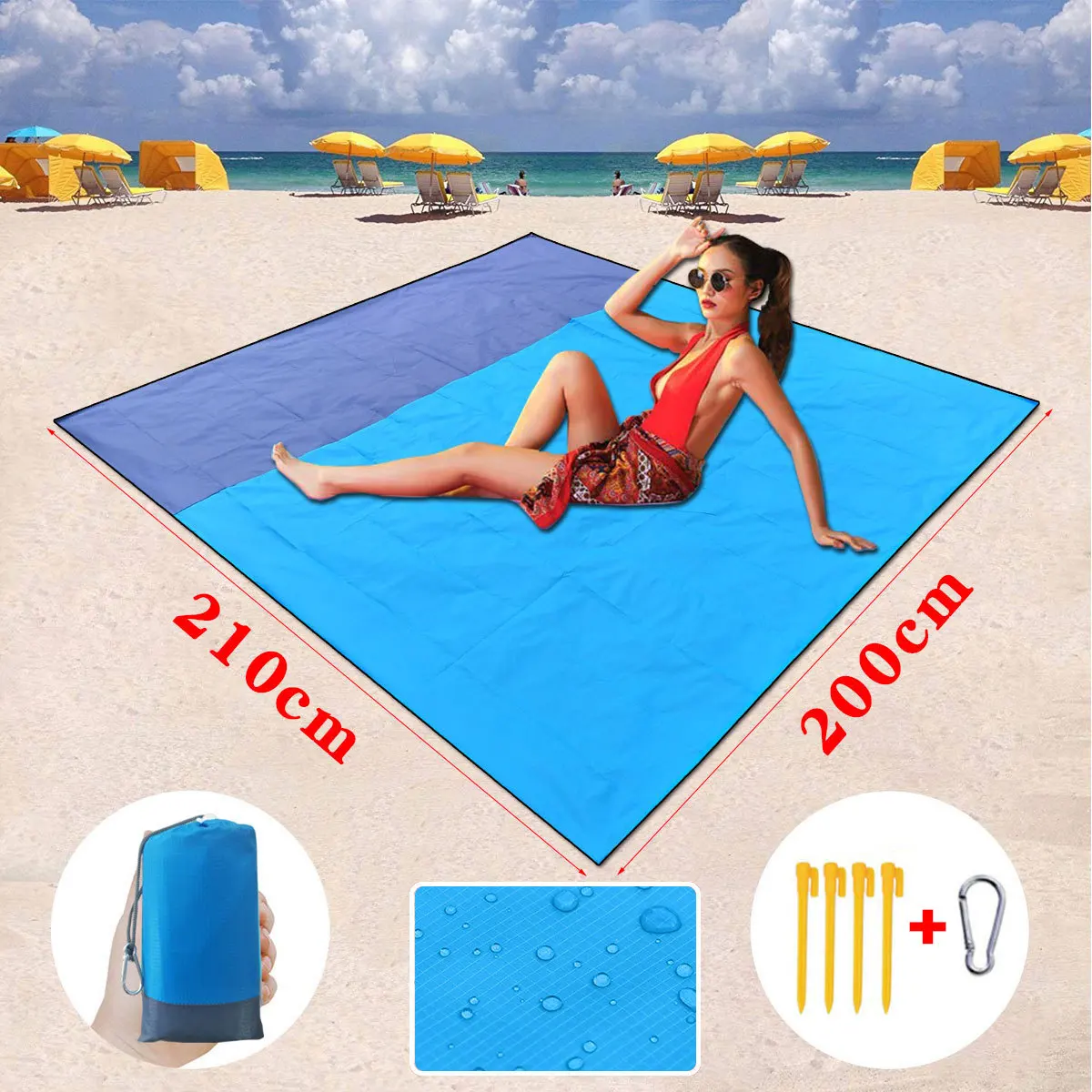 

2x2.1m Camping Beach Mat Outdoor Folding Waterproof Polyester Pocket Beach Blanket Mattress Portable Lightweight Picnic Sand Mat