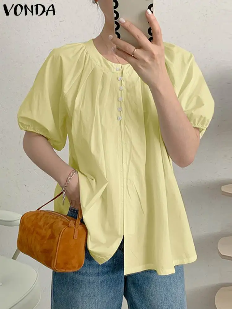 

VONDA Fashion Elegant Shirts Women Blouse 2023 Summer Buttons Puff Sleeve Tops Pleated Solid Color Tunic Casual Loose Blusas