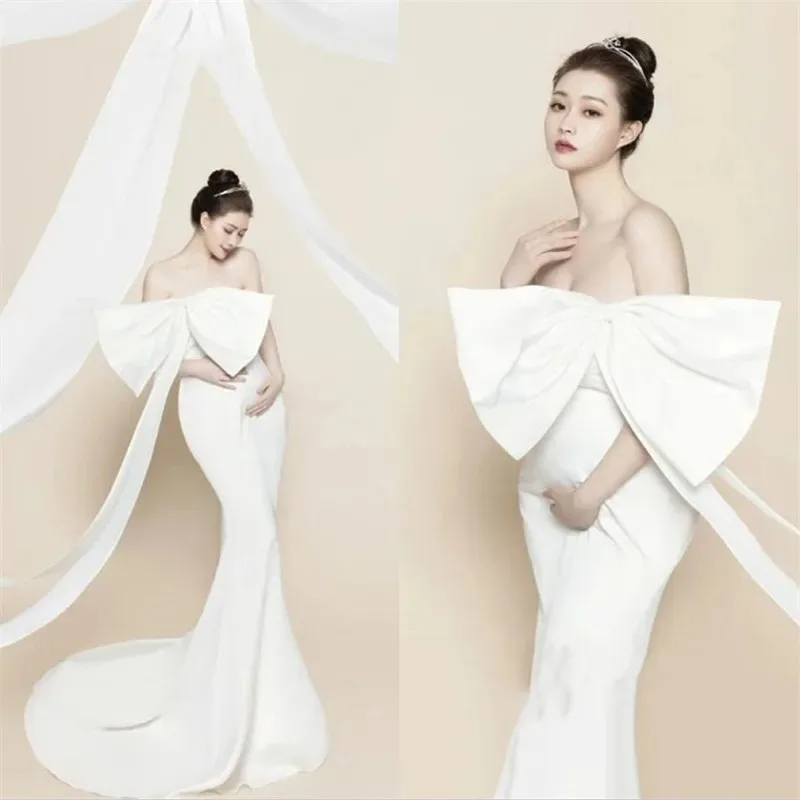 

Big Bow Style Maternity Evening Dress For Baby Shower Party Pregnancy Maxi Gown Photography Pregnant Women Photo Shoot Prop