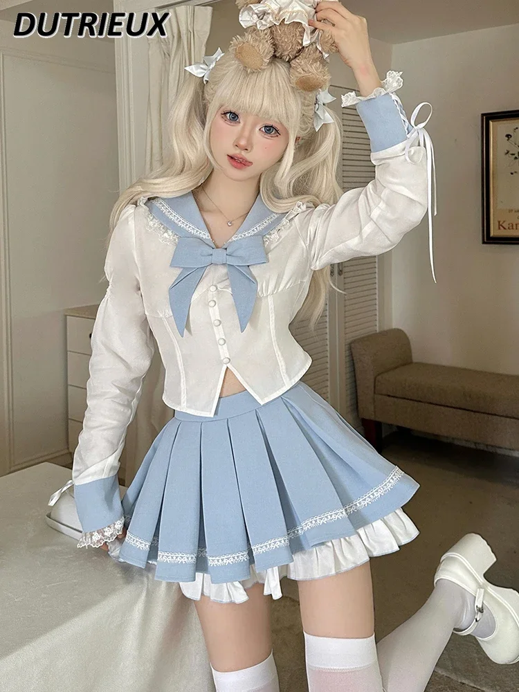 

Sweet Girl Blue White Color Block Preppy Style Sailor Suit Long Sleeve Waist JK Uniform Shirt and Short Pleated Skirt