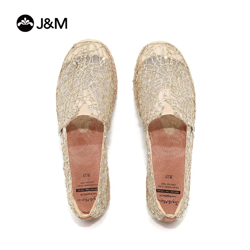 

J&M Women Fisherman Shoes Espadrilles Slip-on Casual Breathable Gold Black Mesh Lace Sneakers Zapatillas Sapatos Rubber Hemp