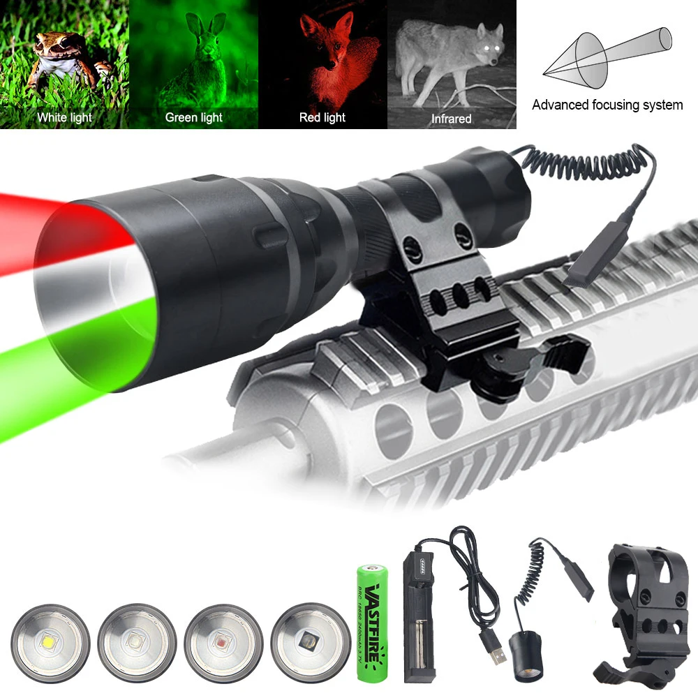 

Тактический охотничий фонарик с фокусировкой, 1 режим, белый/красный/зеленый/ИК, 850 нм, сменный держатель лампы, мощность батареи 18650