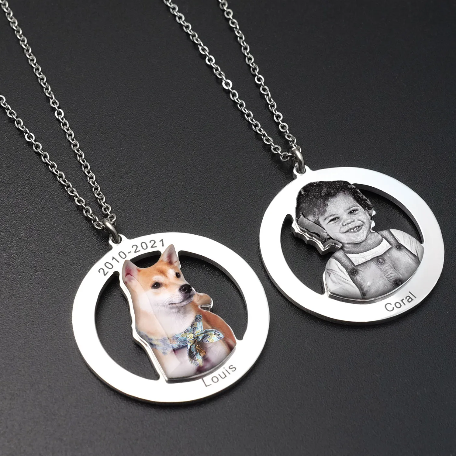 

Personalized Photo Necklace Custom Photo Necklace Hollowed Circle Pendant Dog Necklace Portrait Memorial Gift For Mom Pet Lover