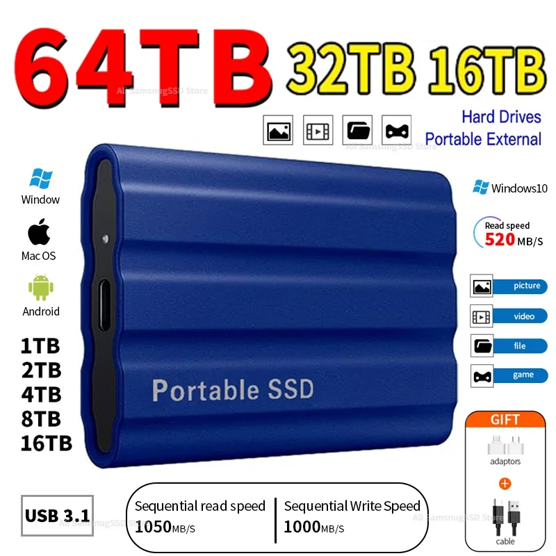 

Hard Drive 1TB External Portable SSD 16TB Hard Disk Storage High-Speed External Solid State Drive USB 3.1/Type-C for PC/Mac/PS