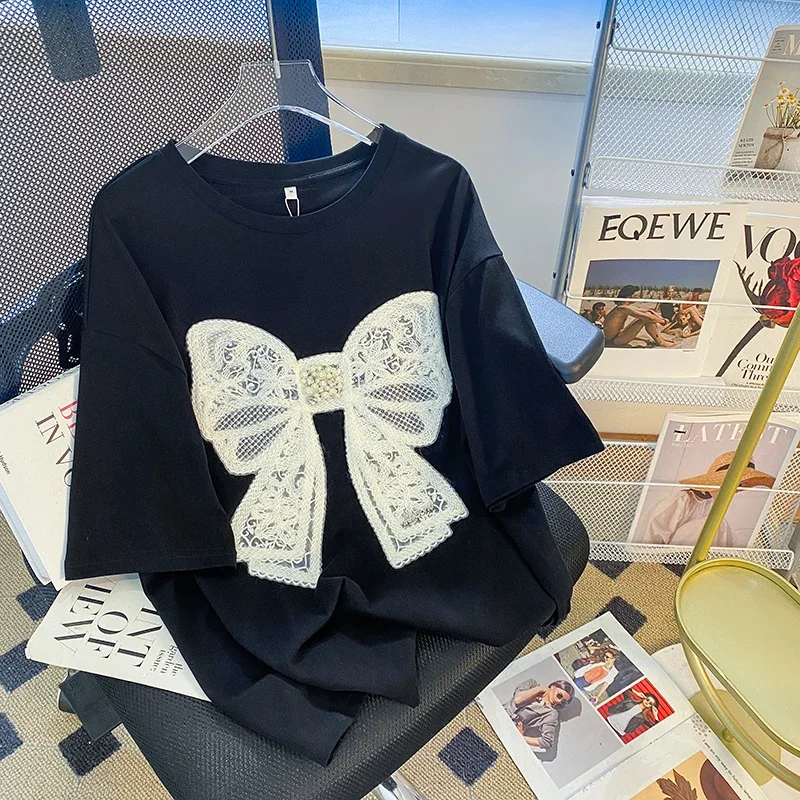 Cotton Short Sleeve T-shirt Women's Summer Butterfly Beaded Embroidery Flower Tidal Round Neck Top Large Women's T-shirt J132
Cotton Short Sleeve T-shirt Women's Summer Butterfly Beaded Embroidery Flower Tidal Round Neck Top Large Women's T-shirt J132