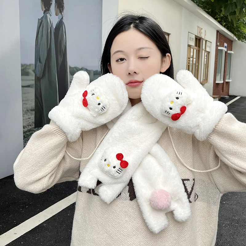 

Sanrio Scarf Gloves Hello Kitty Cinnamoroll Pochacco Winter Loveliness Cartoon Girl Keep warm Plush Gift Hello Kitty Scarf