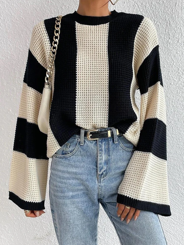 

Autumn Striped Pullovers Women Vintage Knitted Sweater Female Loose O Neck Flare Sleeve Pullover Laides Elegant Casual Knitwears