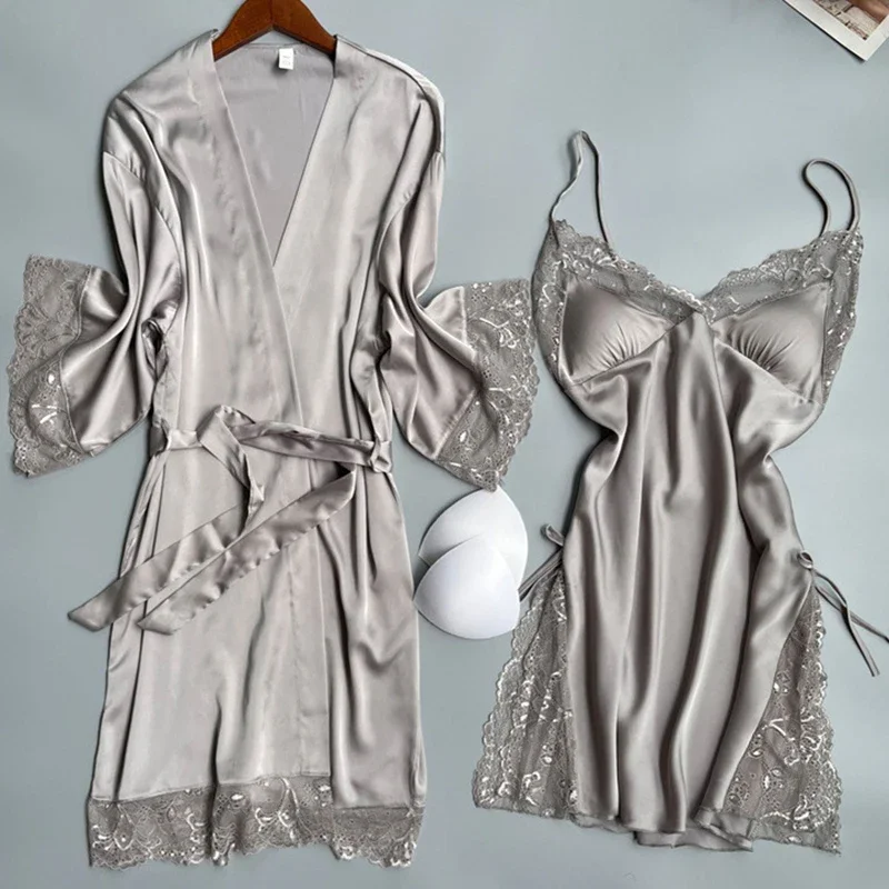 

Lounge Spring Set Gown Twinset Wear Robe Home Sexy Sleepwear Satin Dress Female Nightgown Kimono Summer Patchwork Bathrobe Lace