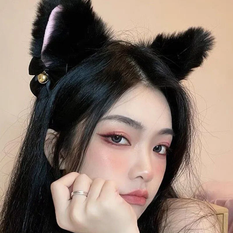 

Lovely Plush Cat Ear Bell Girls Hairband Sexy Fox Cat Women Hair Hoop Fashion Headwear Elegant Black White Ear Hair Accessory