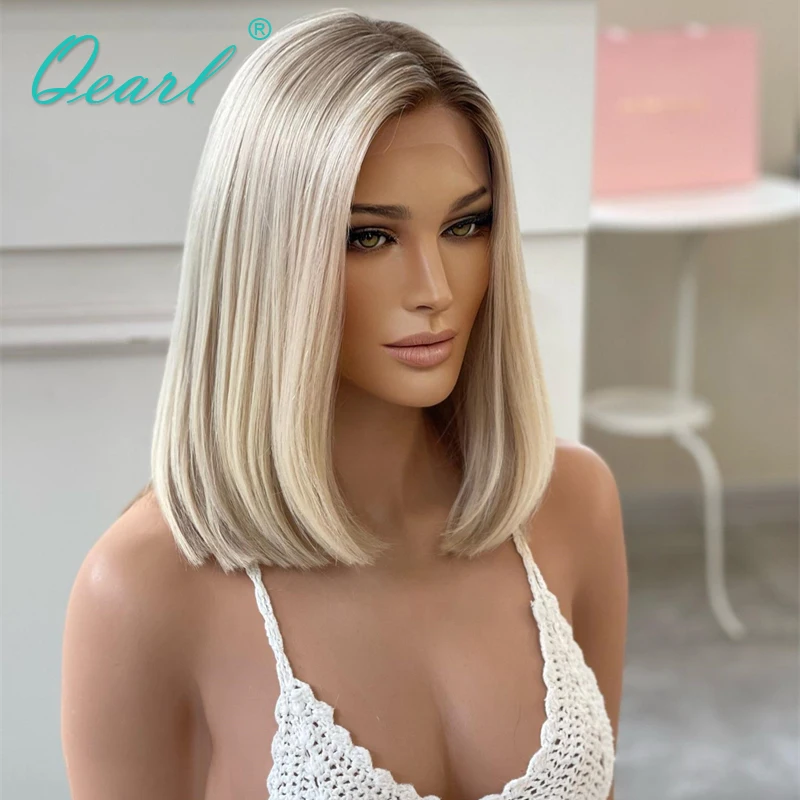

Bob Short Wigs Ombre Glueless Wig Human Hair Pre plucked Platinum Blonde Ash Grey Highlights Lace Frontal Wigs 180% Thick Qearl
