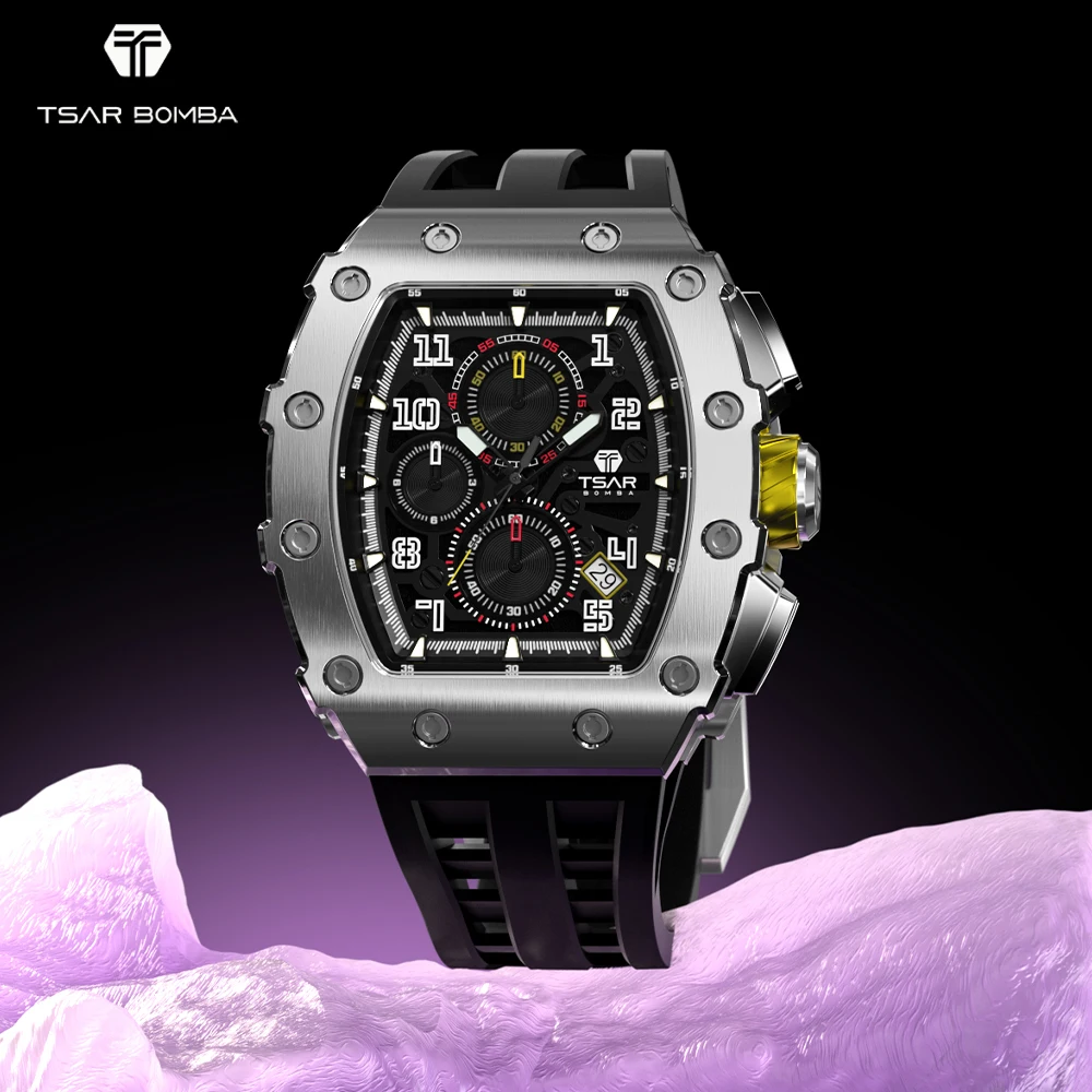 

TSAR BOMBA Mens Watch Black Sport Chronograph 50M Waterproof Tonneau Wristwatch Luxury Gift Quartz Watch for Men Montre Homme