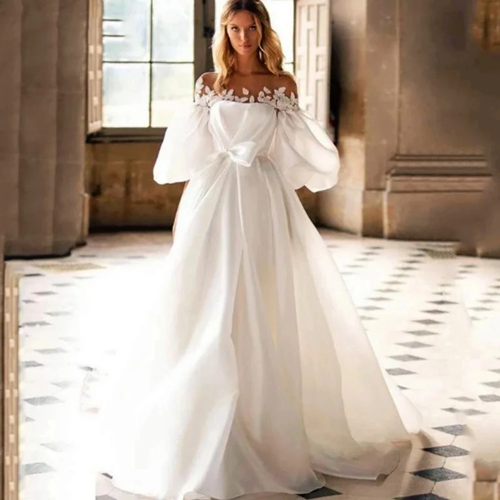 O-Neck Print Appliques Satin Pleat Wedding Dresses A-Line Half Puff Sleeves Bridal Gowns Lovely Bow Belt Dresses Custom
O-Neck Print Appliques Satin Pleat Wedding Dresses A-Line Half Puff Sleeves Bridal Gowns Lovely Bow Belt Dresses Custom