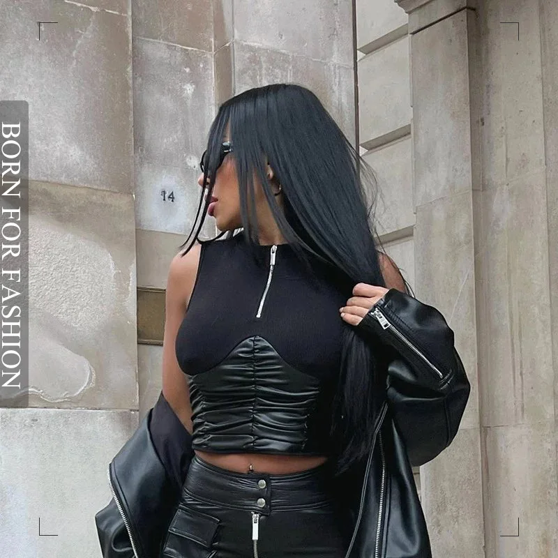 Fashion Solid Color Patchwork Pu Crop Top Women Sexy Sleeveless Half Zipper Tank Tee Y2k Ruched Bodycon Streetwear T Shirt 2023
Fashion Solid Color Patchwork Pu Crop Top Women Sexy Sleeveless Half Zipper Tank Tee Y2k Ruched Bodycon Streetwear T Shirt 2023