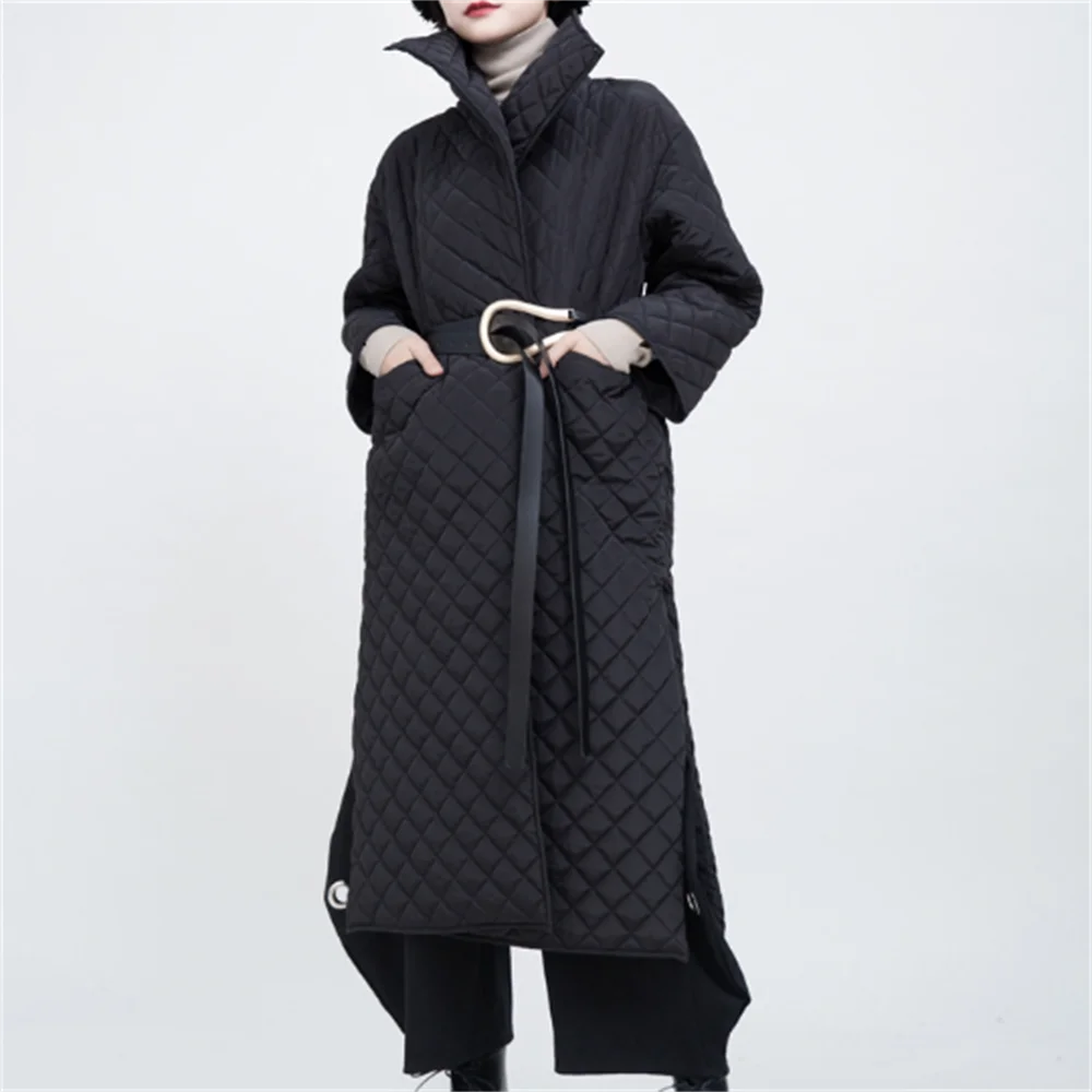 

spring and winter dark turn high collar Lingge quilted cotton open side slit winter coat women's cotton