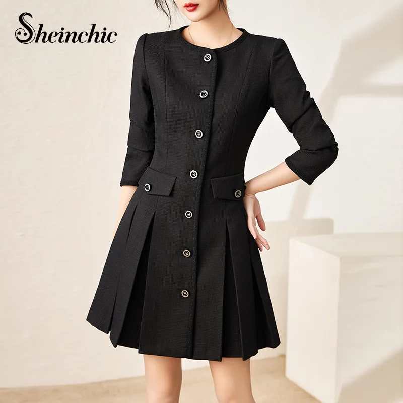 Vintage Elegant O-neck Single Breasted A-line Mini Work Dress Office 2023 Autumn Winter Female Long Sleeve Black Women Dress
Vintage Elegant O-neck Single Breasted A-line Mini Work Dress Office 2023 Autumn Winter Female Long Sleeve Black Women Dress