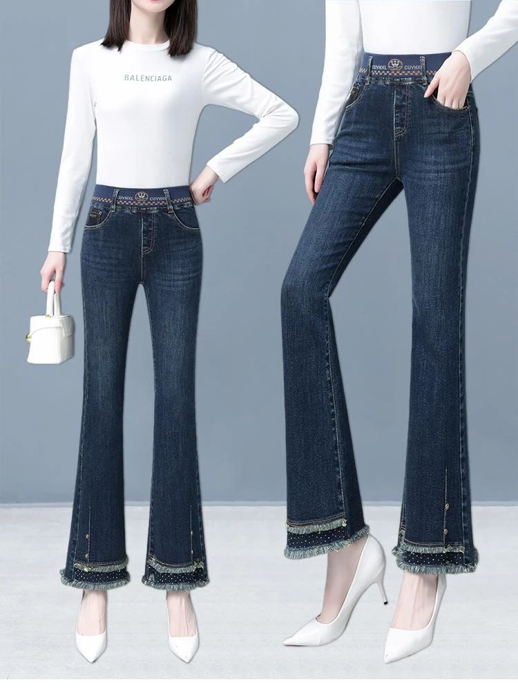

Spring Female DenimTrousers New Fashion Spliced High Waist Flare Pants Tassels Ankle Full Length Jeans Black Blue