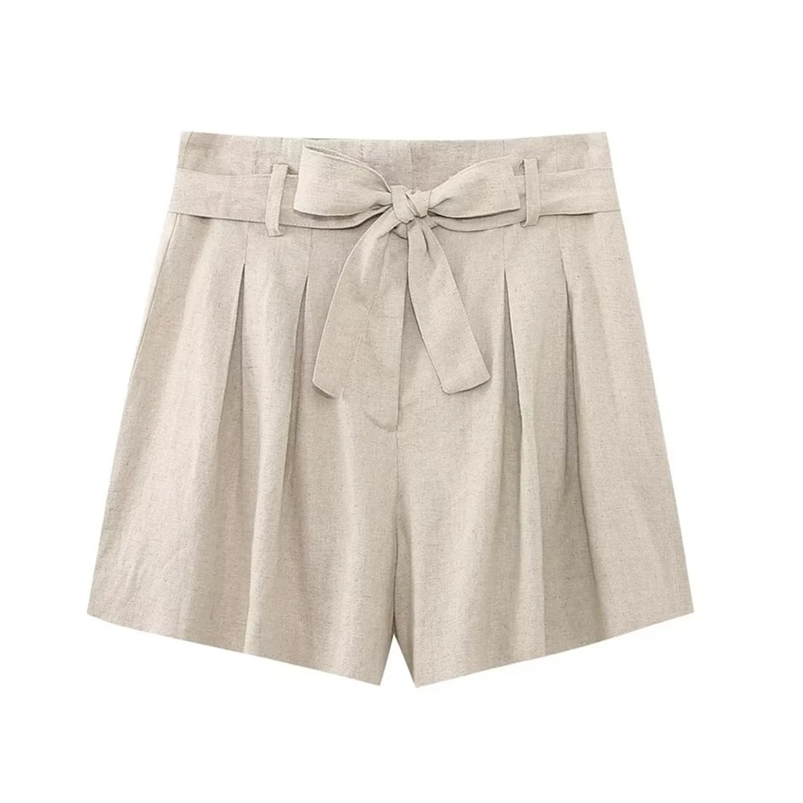 

Dave&Di French Country Linen Beige Lounge Loose Shorts Belted Ladies Bermuda Women