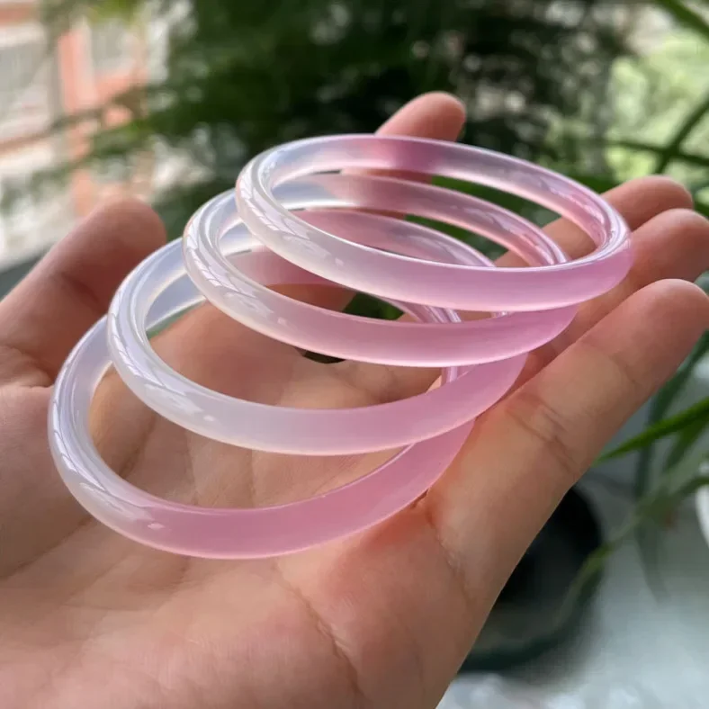 

6MM Light Pink Ice Jade Chalcedony Agate Bracelet for Girls and Women Gradual White with Pink Round Stripes Young Style Bangle