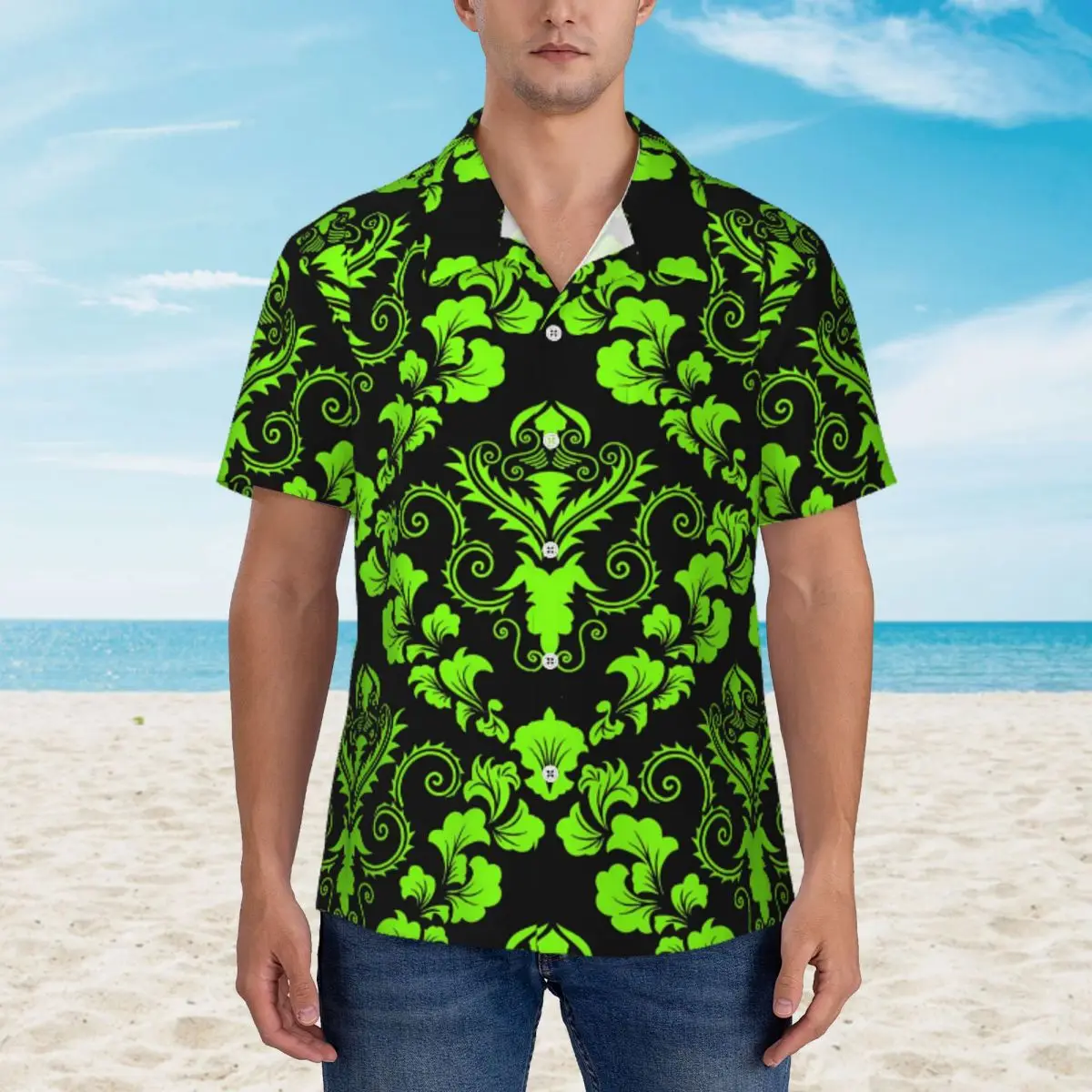 

Зеленая, черная Дамасская Повседневная рубашка, винтажные Гавайские рубашки с принтом в стиле ретро, мужские стильные рубашки с коротким рукавом для отпуска