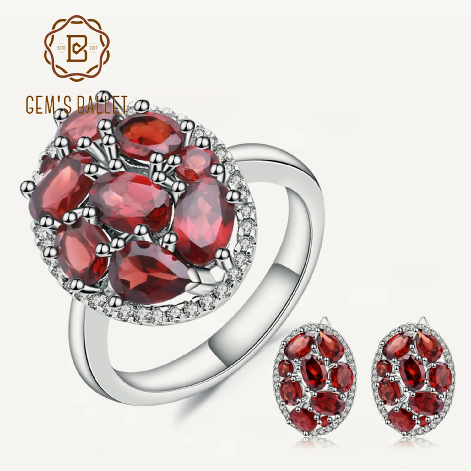 

GEM'S BALLET Oval Natural Red Garnet Earrings Ring Set 925 Sterling Silver Gemstone Jewelry Sets For Women Anniversary Gift