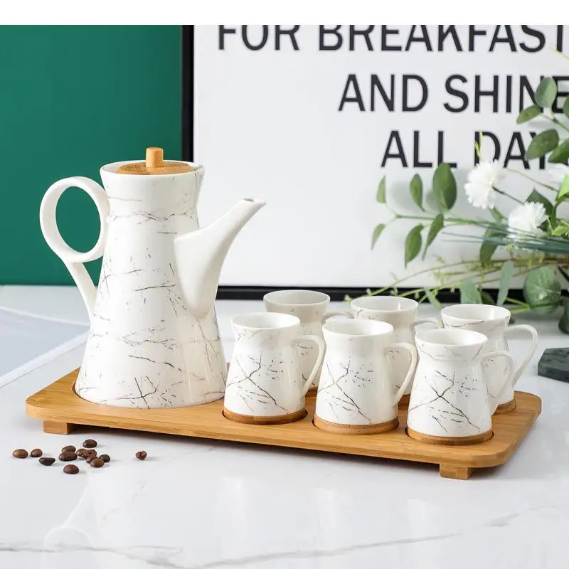 

Marble Series Tea Set Nordic Ceramic Coffee Mugs with Teapot Tea Set Family Breakfast Milk Cups Saucer Afternoon Tableware Suit