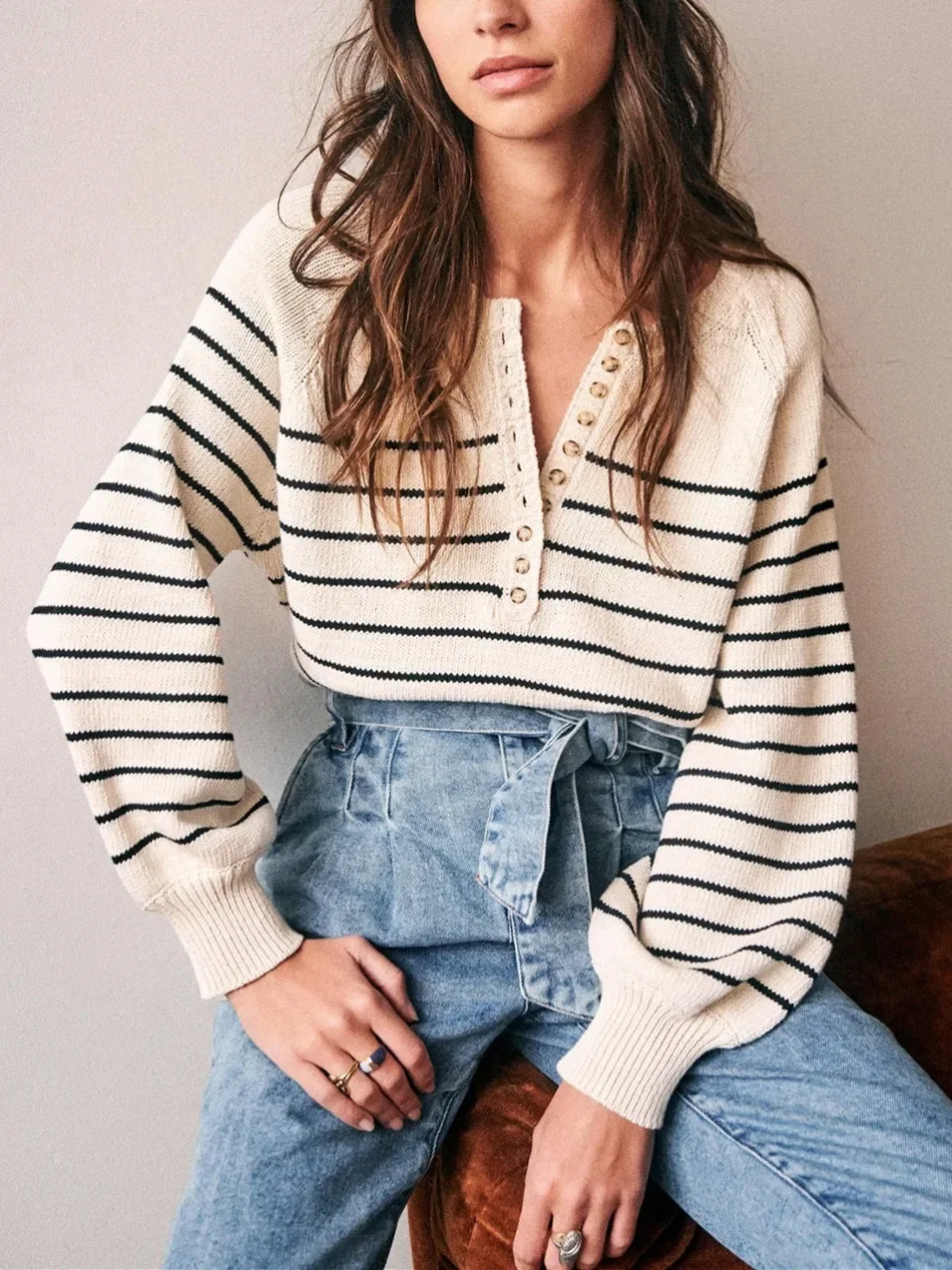 

Women Long Puff Sleeve Stripes Sweater O-Neck Buttons All-Match Fall Winter 2022 Female Loose Jumpers