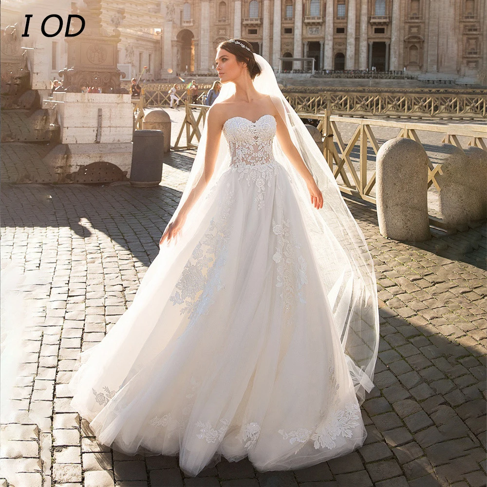 

I OD Elegant A-Line Wedding Dress Sweetheart Applique Lace Up Back Tulle Bridal Gown Illusion Floor Length Vestidos De Novia New