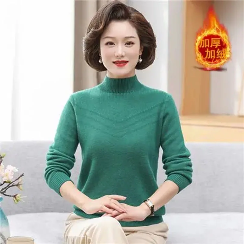 

2024 New Autumn Winter New Thick Sweater With Warm Coat For Middle-Aged Elderly Women Plus Velvet Solid Color Bottoming Pullover