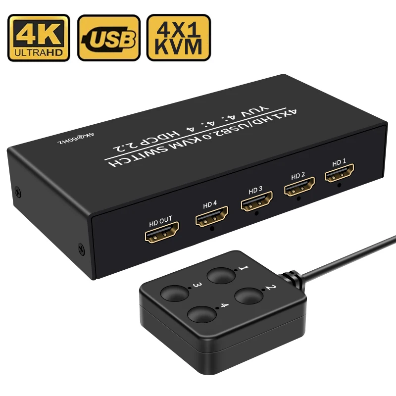 4K 60Hz HDMI KVM Switch 4x1 KVM HDMI USB Switch 4 in 1 out with 4-port USB Hub for 4 PC Share Monitor Support Desktop Controller
4K 60Hz HDMI KVM Switch 4x1 KVM HDMI USB Switch 4 in 1 out with 4-port USB Hub for 4 PC Share Monitor Support Desktop Controller
