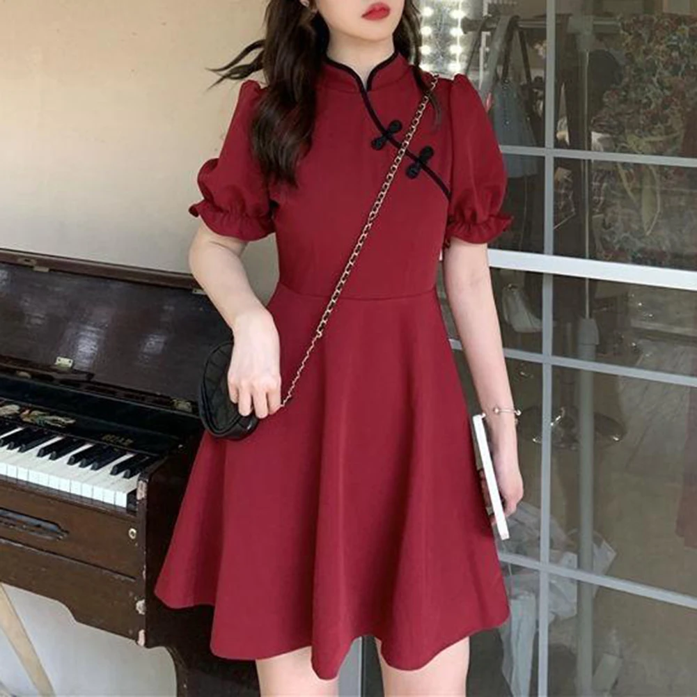 Summer Dresses Fashion Vintage Chinese Style Solid A-line Dress Ladies Short Sleeve Elegant Robe Women Stand Collar Vestidos
Summer Dresses Fashion Vintage Chinese Style Solid A-line Dress Ladies Short Sleeve Elegant Robe Women Stand Collar Vestidos