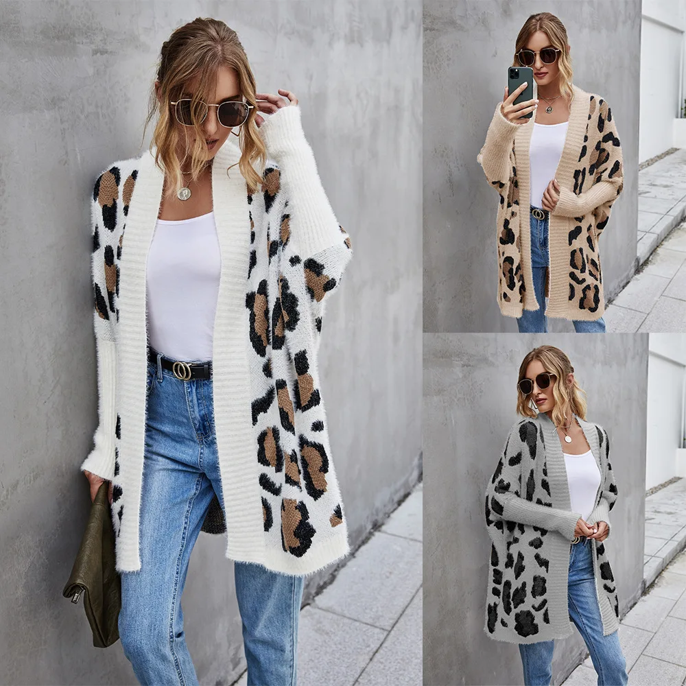 

Fuzzy Leopard Long Cardigan Female Bohemian Slim Batwing Sleeve Overized Sweaters Cardiagns for Women Winter Coat