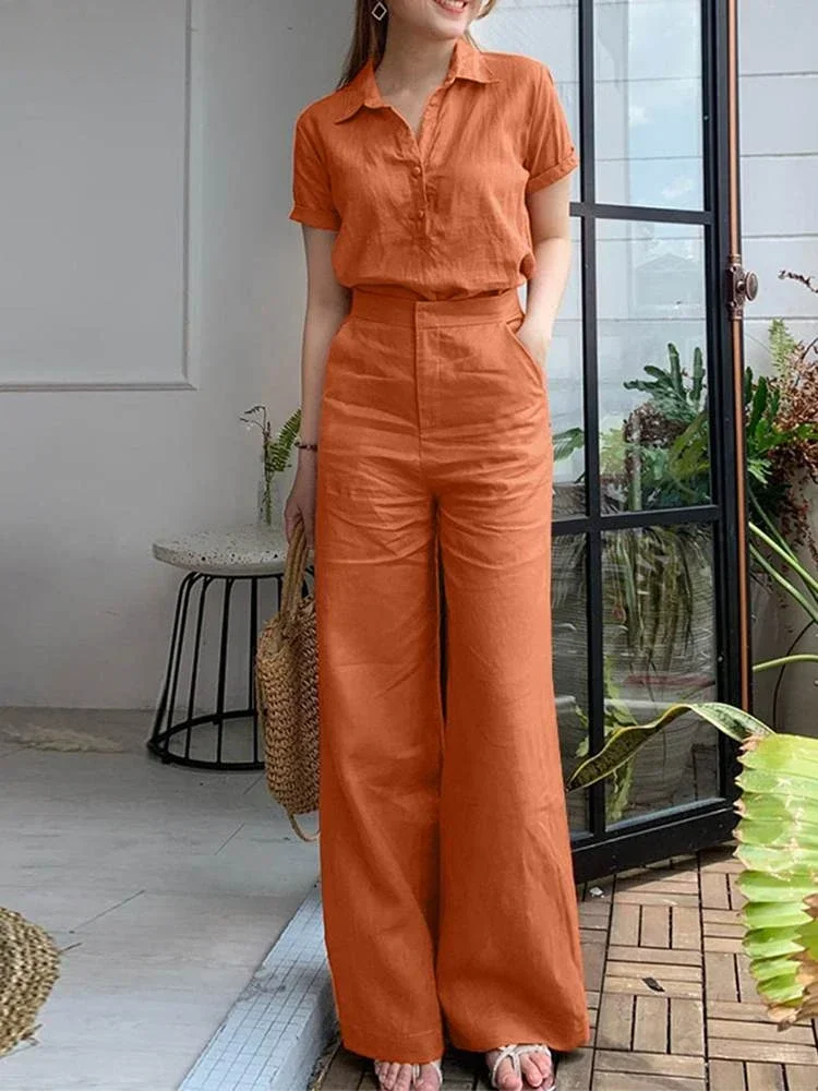 

2024 New Summer Women Matching Sets OL Work Outfits Causal Short Sleeve Shirt Loose Wide Leg Pants Fashion Suit Urban Tracksuits