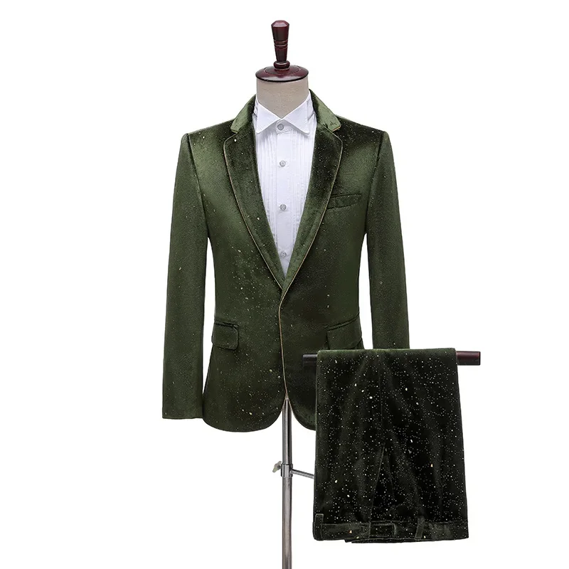 

Luxury Bronzing Velvet 2 Piece Suit (Jacket+Pants) Set Men Shiny Party Dress Suit Men Dinner Stage Singer Show Tuxedo Suit Male